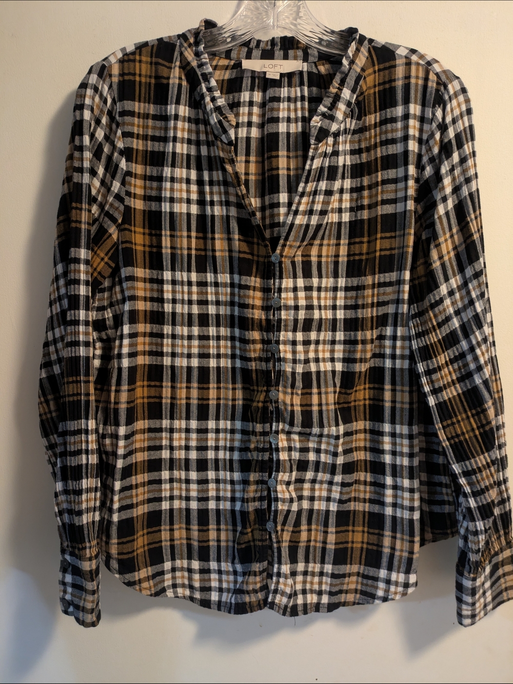 LOFT Black, White & Tan Plaid Button-Down Shirt
